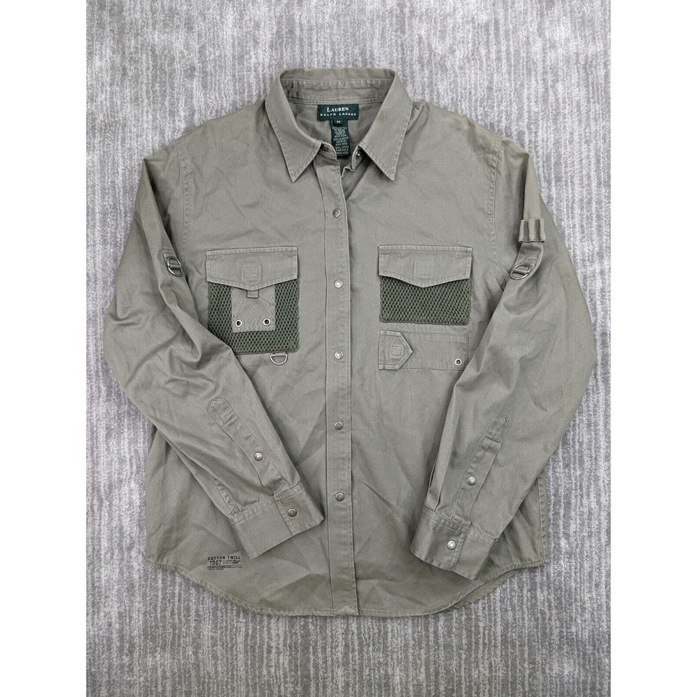 Lauren Ralph Lauren Women's Shirt Cotton Twill Utility Fishing Military Medium